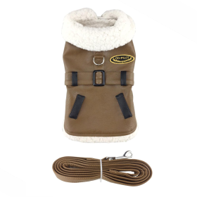 Brown and Black Faux Leather Bomber Dog Coat Harness and Leash (Option: Large)